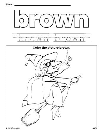 Free Halloween witch color brown coloring page and color worksheet, brown worksheet for preschoolers to learn colors, printable PDF