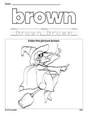 Free Halloween witch color brown coloring page and color worksheet, brown worksheet for preschoolers to learn colors, printable PDF