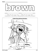 Free Halloween witch color brown coloring page and color worksheet, brown worksheet for preschoolers to learn colors, printable PDF