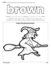 Free Halloween witch color brown coloring page and color worksheet, brown worksheet for preschoolers to learn colors, printable PDF