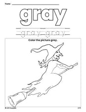 Free Halloween witch color gray coloring page and color worksheet, gray worksheet for preschoolers to learn colors, printable PDF