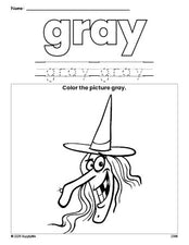 Free Halloween witch color gray coloring page and color worksheet, gray worksheet for preschoolers to learn colors, printable PDF