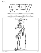 Free Halloween witch color gray coloring page and color worksheet, gray worksheet for preschoolers to learn colors, printable PDF