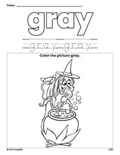 Free Halloween witch color gray coloring page and color worksheet, gray worksheet for preschoolers to learn colors, printable PDF