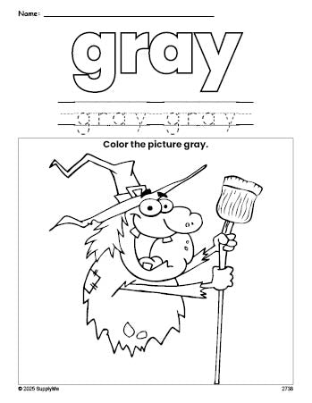 Free Halloween witch color gray coloring page and color worksheet, gray worksheet for preschoolers to learn colors, printable PDF