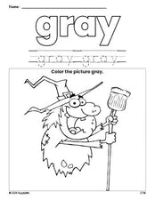 Free Halloween witch color gray coloring page and color worksheet, gray worksheet for preschoolers to learn colors, printable PDF