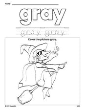 Free Halloween witch color gray coloring page and color worksheet, gray worksheet for preschoolers to learn colors, printable PDF