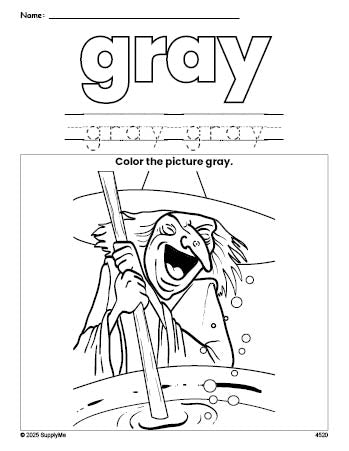 Free Halloween witch color gray coloring page and color worksheet, gray worksheet for preschoolers to learn colors, printable PDF