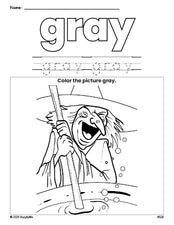 Free Halloween witch color gray coloring page and color worksheet, gray worksheet for preschoolers to learn colors, printable PDF