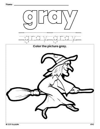 Free Halloween witch color gray coloring page and color worksheet, gray worksheet for preschoolers to learn colors, printable PDF