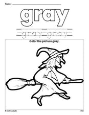 Free Halloween witch color gray coloring page and color worksheet, gray worksheet for preschoolers to learn colors, printable PDF