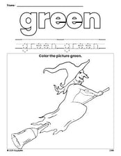 Free Halloween witch color green coloring page and color worksheet, green worksheet for preschoolers to learn colors, printable PDF