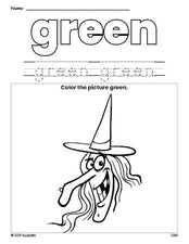 Free Halloween witch color green coloring page and color worksheet, green worksheet for preschoolers to learn colors, printable PDF