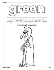 Free Halloween witch color green coloring page and color worksheet, green worksheet for preschoolers to learn colors, printable PDF