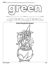 Free Halloween witch color green coloring page and color worksheet, green worksheet for preschoolers to learn colors, printable PDF