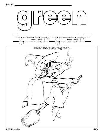 Free Halloween witch color green coloring page and color worksheet, green worksheet for preschoolers to learn colors, printable PDF