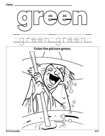 Free Halloween witch color green coloring page and color worksheet, green worksheet for preschoolers to learn colors, printable PDF