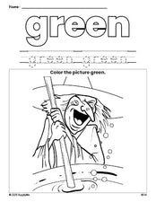 Free Halloween witch color green coloring page and color worksheet, green worksheet for preschoolers to learn colors, printable PDF