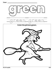 Free Halloween witch color green coloring page and color worksheet, green worksheet for preschoolers to learn colors, printable PDF