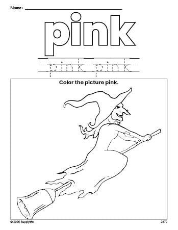 Free Halloween witch color pink coloring page and color worksheet, pink worksheet for preschoolers to learn colors, printable PDF