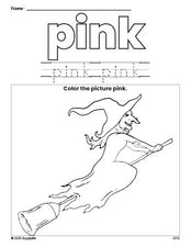 Free Halloween witch color pink coloring page and color worksheet, pink worksheet for preschoolers to learn colors, printable PDF