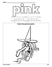 Free Halloween witch color pink coloring page and color worksheet, pink worksheet for preschoolers to learn colors, printable PDF