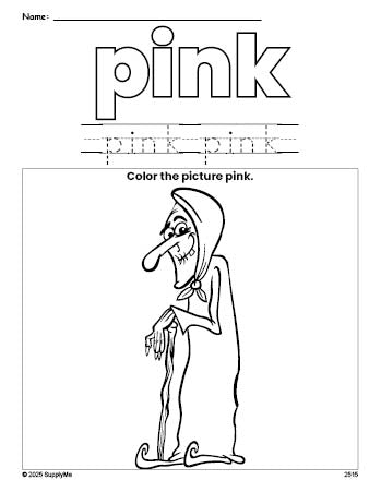 Free Halloween witch color pink coloring page and color worksheet, pink worksheet for preschoolers to learn colors, printable PDF