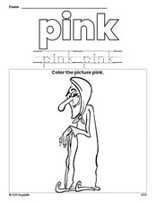 Free Halloween witch color pink coloring page and color worksheet, pink worksheet for preschoolers to learn colors, printable PDF