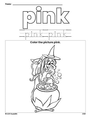 Free Halloween witch color pink coloring page and color worksheet, pink worksheet for preschoolers to learn colors, printable PDF