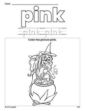 Free Halloween witch color pink coloring page and color worksheet, pink worksheet for preschoolers to learn colors, printable PDF