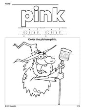 Free Halloween witch color pink coloring page and color worksheet, pink worksheet for preschoolers to learn colors, printable PDF