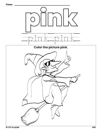 Free Halloween witch color pink coloring page and color worksheet, pink worksheet for preschoolers to learn colors, printable PDF