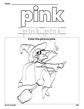 Free Halloween witch color pink coloring page and color worksheet, pink worksheet for preschoolers to learn colors, printable PDF