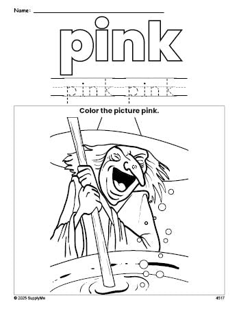 Free Halloween witch color pink coloring page and color worksheet, pink worksheet for preschoolers to learn colors, printable PDF