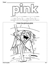 Free Halloween witch color pink coloring page and color worksheet, pink worksheet for preschoolers to learn colors, printable PDF