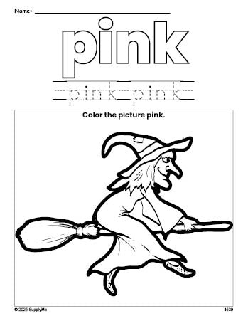 Free Halloween witch color pink coloring page and color worksheet, pink worksheet for preschoolers to learn colors, printable PDF