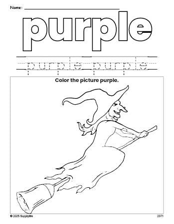 Free Halloween witch color purple coloring page and color worksheet, purple worksheet for preschoolers to learn colors, printable PDF