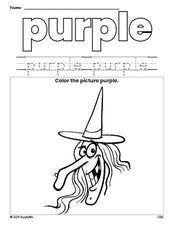 Free Halloween witch color purple coloring page and color worksheet, purple worksheet for preschoolers to learn colors, printable PDF