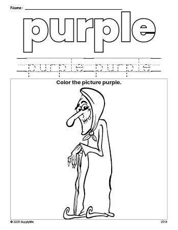 Free Halloween witch color purple coloring page and color worksheet, purple worksheet for preschoolers to learn colors, printable PDF