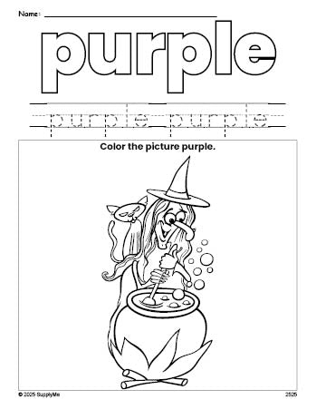 Free Halloween witch color purple coloring page and color worksheet, purple worksheet for preschoolers to learn colors, printable PDF