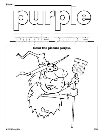 Free Halloween witch color purple coloring page and color worksheet, purple worksheet for preschoolers to learn colors, printable PDF