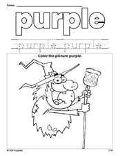 Free Halloween witch color purple coloring page and color worksheet, purple worksheet for preschoolers to learn colors, printable PDF