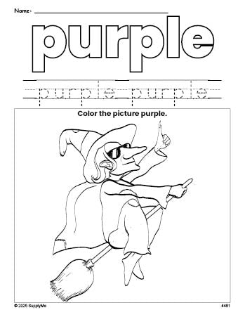 Free Halloween witch color purple coloring page and color worksheet, purple worksheet for preschoolers to learn colors, printable PDF