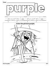 Free Halloween witch color purple coloring page and color worksheet, purple worksheet for preschoolers to learn colors, printable PDF