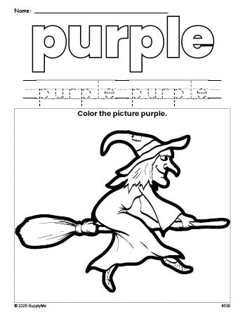 Free Halloween witch color purple coloring page and color worksheet, purple worksheet for preschoolers to learn colors, printable PDF