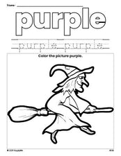 Free Halloween witch color purple coloring page and color worksheet, purple worksheet for preschoolers to learn colors, printable PDF