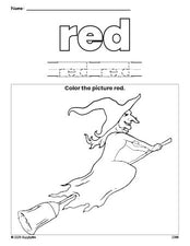 Free Halloween witch color red coloring page and color worksheet, red worksheet for preschoolers to learn colors, printable PDF