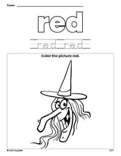 Free Halloween witch color red coloring page and color worksheet, red worksheet for preschoolers to learn colors, printable PDF