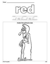 Free Halloween witch color red coloring page and color worksheet, red worksheet for preschoolers to learn colors, printable PDF