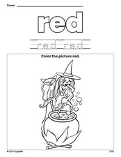 Free Halloween witch color red coloring page and color worksheet, red worksheet for preschoolers to learn colors, printable PDF